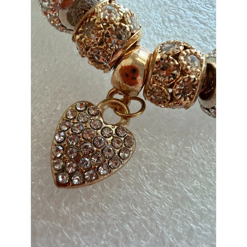 Gold Tone European Charm Bracelet Pave Rhinestone Beads Dangle Heart Charm